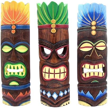 Ručno izrađene havajske stilske drvene tiki maske, zidni dekor, set od 3 različite dizajne, 19,75 inča