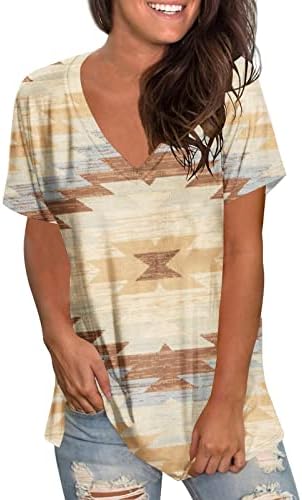 Zapadne Aztečke etničke majice za žene, ljetne kratke rukave s V izrezom Tee Tops Casual labave Vintage grafičke bluze