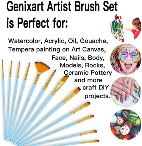 Genixart set za boju za akril naftu akvarel, sintetičke najlonske dlake umjetnike četkice za nokte za papir za nokte profesionalno umjetno slikarstvo, 12 pakovanja četkica za djecu za djecu