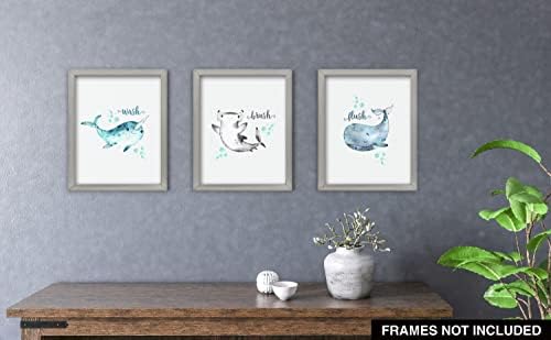 Confetti Fox Kids zidni umjetnički dekor za kupatilo - 8x10 Neuramljeni Set od 3 printa - morske životinje delfin shark Whale - Wash Brush Flush
