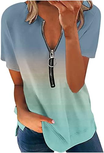 lcepcy ženske ljetne Casual majice sa zatvaračem prednji V vrat bluza gradijent kratki rukav tunika vrhovi
