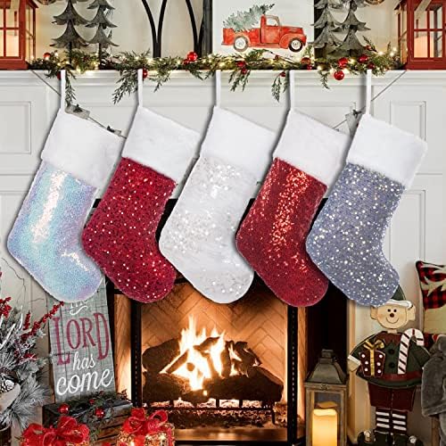 Bhd Beauty Božićne čarape 5 Pakovanje za obitelj 20 inča crvena / bijela / siva sekfin Sparkle sjaj