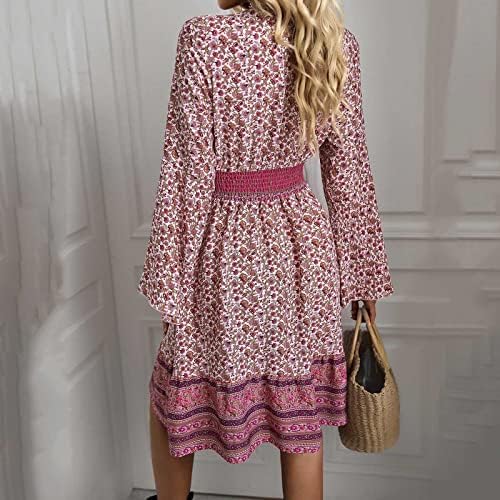 Boho haljina za žene cvjetni print V izrez Dugi rukav Haljina Vintage Casual Ruched Midi haljina trendi labave