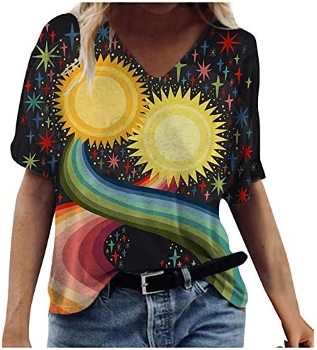 Ženska ljetna modna majica šarena slika životinjski cvjetni grafički vrhovi V izrez kratke bluze za