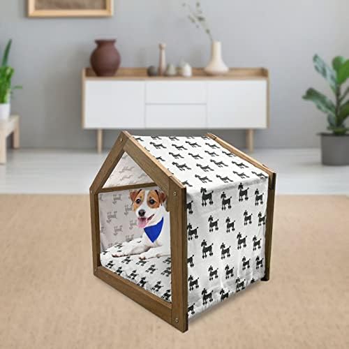 Lunarni psi Kuća sa drvenom kućnom ljubimcem, Pudlica Štenal silueta životinje u jednobojnom minimalističkom dizajnu, vanjskom i zatvorenom prijenosnom odgajivačkom odgajivača sa jastukom i poklopcem, velikim, crno-bijelim