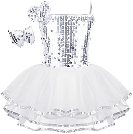 Dador Kids Girls Sequins Ballet Dance Tutu Haljina Jazz Latinska plesna odjeća sa bowknot Outfit Stage Performanse Kostim bijela 8-9 godina