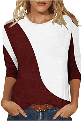 Žene 2023 modni geometrijski blok boja T Shirt proljeće Casual 3/4 rukav tunika Tops Crew Neck Slim Fit bluza