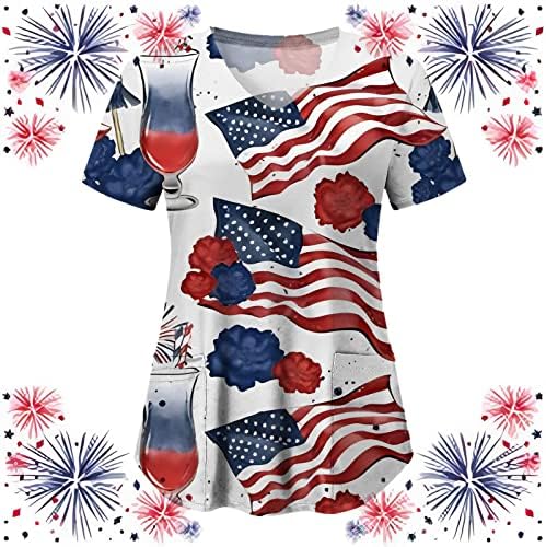 4. jula majice za žene američke zastave ljetne kratke rukave V izrez majice sa 2 džepa bluze praznična
