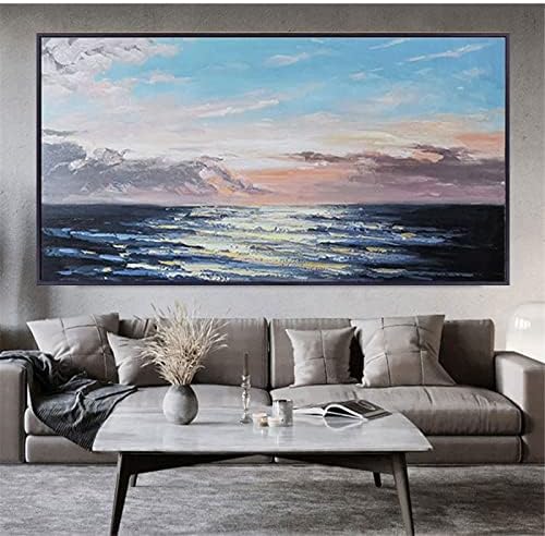 Ručno oslikane slike nebeskog mora i jezera - pejzažna tekstura Banner moderna velika veličina apstraktna slika na platnu zidna umjetnost za Nordijski dekor trijema za kućne sobe,Neuramljen, 100X200Cm