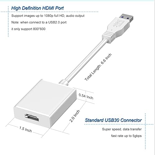 USB do HDMI adaptera, USB 3.0 / 2.0 u HDMI kabl Višestruki video pretvarač - PC laptop Windows 7 8 10, Desktop, laptop, PC, Monitor, Projektor, HDTV. [Nije podržati Chromebook], srebro