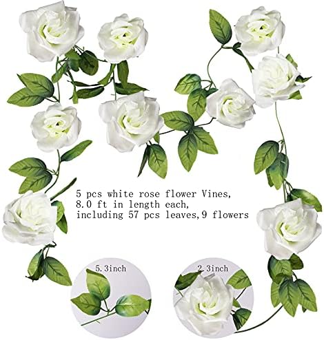 Florasea 5 Pack 40 Ft FAKE ROSE GARLAND, veštačka svila Bijela ruža cvijeće vinove loze, viseći cvjetni vijenac, vjenčani cvjetovi strujni party arch vrtni dekor za zabavu