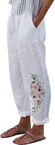 Pamučne lanene hlače za žene Ležerne ljetne kapri hlače s džepovima visokog struka udobne hlače na plaži