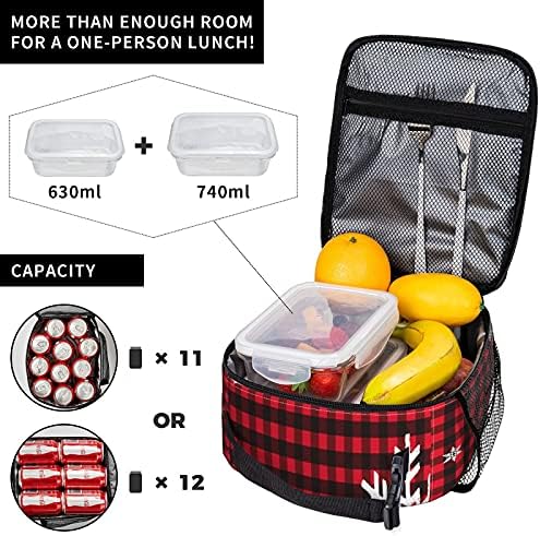 Groamaup izolovana torba za ručak Božićna karirana pahuljica crvena crna rešetka torbe za ručak za višekratnu upotrebu sa džepom sa strane za putovanja u školsku kancelariju