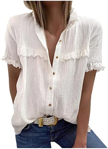 Bluze za žene srušeno casual čipke mock Gumb za vrat majica s kratkim rukavima, ljetne čvrste labave