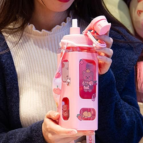 Kawaii Vodena boca za djevojke slatke dječje boce sa slamom četvornim bočicama za piće, prijenosni vrčući nepropusnosti
