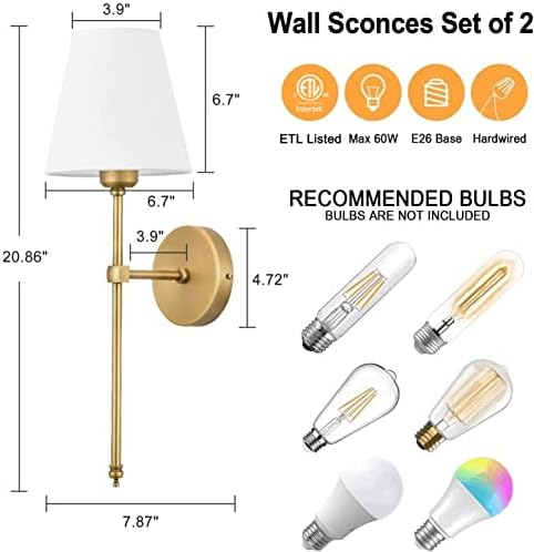 Bsmathom Wall Sconces setovi od 2, klasična zidna rasvjeta od brušenog mesinga, ožičeno kupatilo Vanity Fixture sa sjenilom od tkanine za spavaću sobu dnevna soba kuhinja u hodniku, zlato