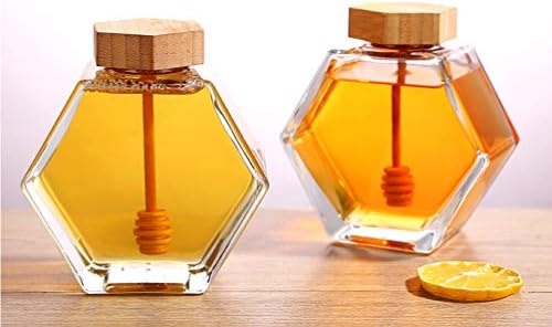 Doitool Clear Jar Clear Jar Hexagon Honey Pot staklena tegla za med sa drvenom šipkom i poklopcem