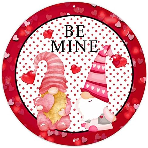 Sretan Valentinovo okrugli metalni znakovi zaljubljenih Gnomes Par belenijski metalni znak crveni okrugli tački gnome love srčani vijenac metalni znak za dnevnu sobu kuhinja 9x9in