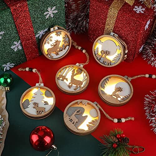 Yalikop 6 komada LED drveni Božićni ukrasi Set božićna stabla viseći ukrasi Božićni ukrasi zatvoreni drveni ukrasi za jelene za odmor, dekoracija zabave, događaj, Božić