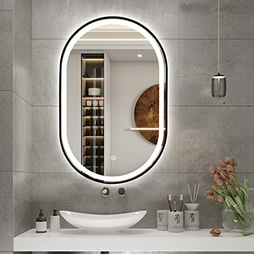 TheiaMo 40 x 24 inča ovalno LED ogledalo za kupatilo, osvijetljeno toaletno ogledalo za kupatilo sa crnim
