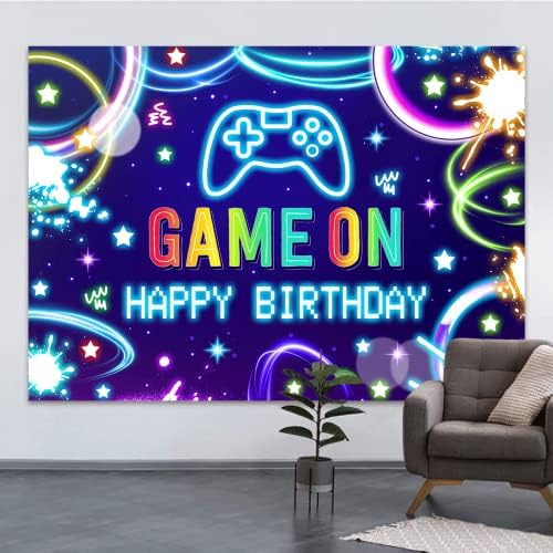 7x5ft igra na Happy Birthday Backdrop Game Night Background Colorful Video Game Bday For Boy Party Decoration neonska tema Level Up Playstation Glow Gamer photography Supplies Photo Booth rekviziti