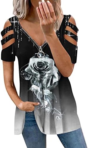 Vintage cvjetni print t majica bluza s kratkim rukavima patentni zatvarač, dame na vrhu rupa šivanje esencijalnih majica za žene