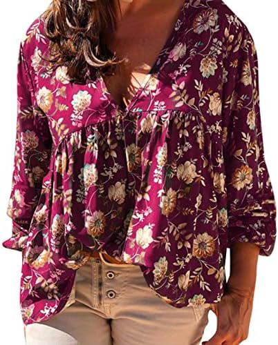 Rayon majica s dugim rukavima žene Ženske modne vrhove Labavi stil tiskani V izrez dugih rukava meka