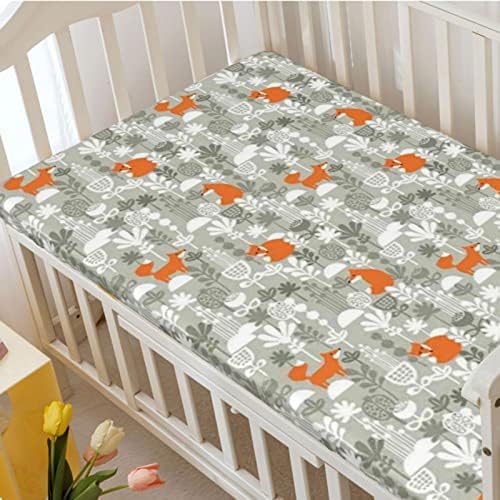 Fox tematski posteljini, prenosivi mini krevetići listovi ultra mekih listova dječjih krevetića za djevojčicu ili dječaka, 24 x38, blijedo siva narančasta bijela