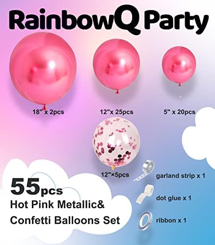 Rainbowq 55pcs Hot Pink Metalni baloni Različite veličine 18/12/5 inča i fuchsia Confetti Baloni Shiny Latex helijum baloni za obljetnice Diplomiranje rođendana za rođendan