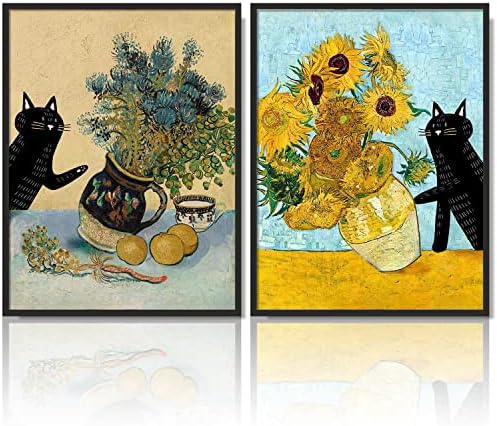 NCYEL Fun crna mačka cvjetna suncokretova zidna umjetnička vaza cvijet apstraktna boja Print Poster Van Gogh zidna štampa seoska kuća Galerija kupatilo spavaonica Vintage soba dekor 2 komada set Neuramljen 12x16 inča
