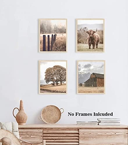 RUIYAN Farmhouse Landscape Wall Art, Highland Cow Decorations, Western Country Photography platnene umjetničke grafike za dekor spavaće sobe u dnevnoj sobi, jesenje šumske prirode, Set od 4 komada