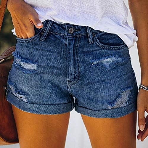 Ljetne traper kratke hlače za žene srednje struk uznemiren je presavijeni rub Jean kratki rastezljivi prekinuti udobne vruće hlače sa džepovima