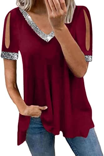 Ženski V vrat hladno rame svjetlucave šljokice gornji kratki rukav svjetlucave košulje za zabavu bluza Dressy Tops osnovne majice