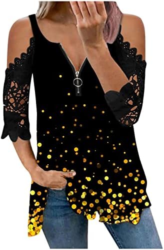 Mašir bez kaiševe kratkih rukava Žene duboko V izrez čipka pamučna grafika Zip up patchwork bluza
