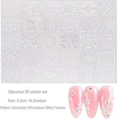 30 listova naljepnice za umjetnost noktiju s bijelim cvijetom, bijeli cvijet sa kamenčićima dizajnira naljepnice za nokte 3D samoljepljive naljepnice za nokte potrepštine bijele naljepnice za cvijeće za nokte dekoracije