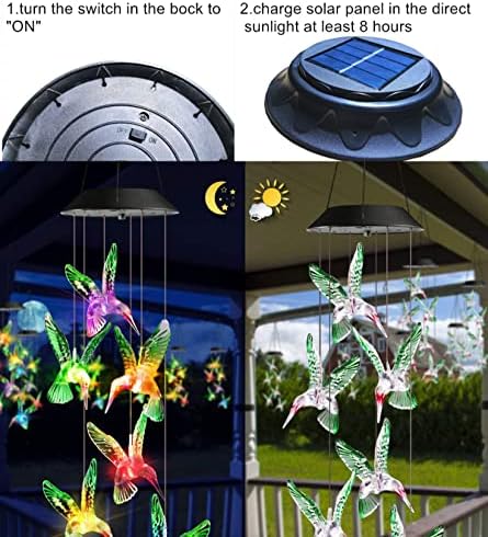 Vanjsko Solarno svjetlo za Vjetar, 6 LED Hummingbird Bell Vanjski vodootporni balkonski ukras luster za vrtnu stazu Dvorište Dvorište na otvorenom viseća solarna šarena svjetla za Vjetar