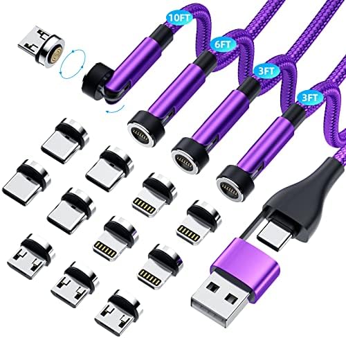 540 ° kabl za magnetni punjenje, 5-u-1 magnetski punjač [4/6 / 10ft] magnetski kabel USB A / Tip C 3A magnetski kabel za punjenje za punjenje za Iproduct / Micro USB / USB C uređaj -Purple