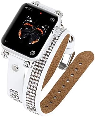 Venino Livorno dvostruko omotač kože Tanak satovi s rinestonama kompatibilan sa jabukom 42mm, 44mm, 45 mm, 49 mm za Apple Watch seriju 1, 2, 3, 4, 5, 6, 7, se, 8, ultra, sport - bijeli w / Srebrni priključak i kopča)