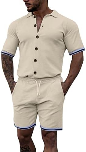 Muški 2 komada gumb dolje majice set pamučna posteljina od pune reževne majice i kratke hlače se postavljaju sportska