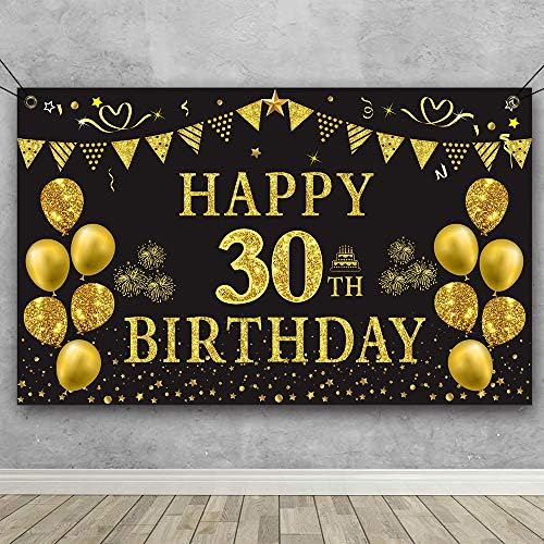 TrgowAul 30. rođendan set: uključuje banner za rođendan od crnog zlata 5,9 x 3,6 fts, crno zlato