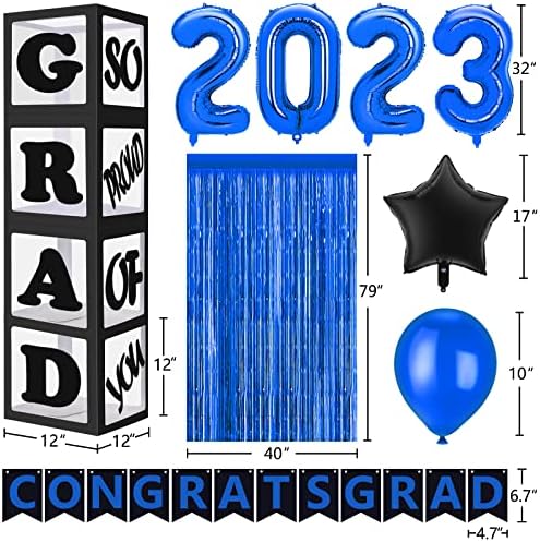 Diplomirani dekoracije 2023, plavi diplomski ukrasi klase 2023 sa kutijama, balonima, banner, velikim čestitkama Gradski snabdevanje, Gradski ukrasi za viši školski fakultet