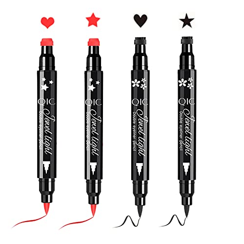 Crveni & amp; Crni tečni Eyeliner i Heart Star Stamp Set│4 kom Winged eye Liners i Fun Shapes markice, dual
