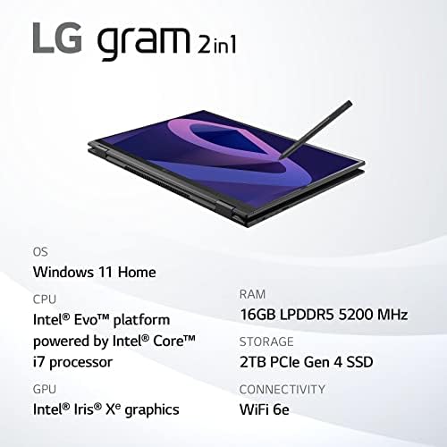 LG gram 16t90q 2-u-1 Tablet Laptop, 16 IPS ekran, Intel Evo 12. Gen i7 1260p procesor, 16GB LPDDR5, 2TB NVMe SSD, FHD Webcam, WiFi 6E, Thunderbolt 4, Windows 11, crna