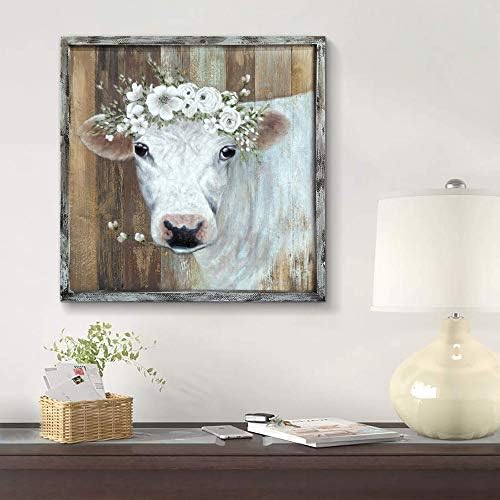 Zidna umjetnost sa slikama sa životinjama: umjetnička djela bijele krave ručno oslikana slika na drvenoj ploči za spavaću sobu