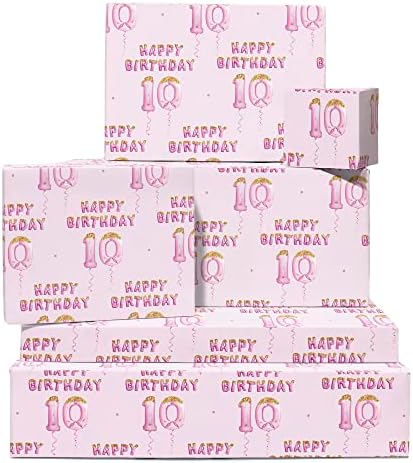 CENTRAL 23 Happy Birthday Wrapping Paper-10 Year Old - 6 Sheets Pink Wrapping Paper - Girls Birthday Wrapping Paper - 10th Birthday - dolazi sa naljepnicama-može se reciklirati