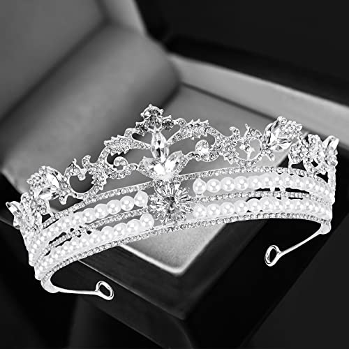 WIOR kristalne krune i tijare za žene djevojke, princeza kruna sa 2 pinova za kosu biserna traka