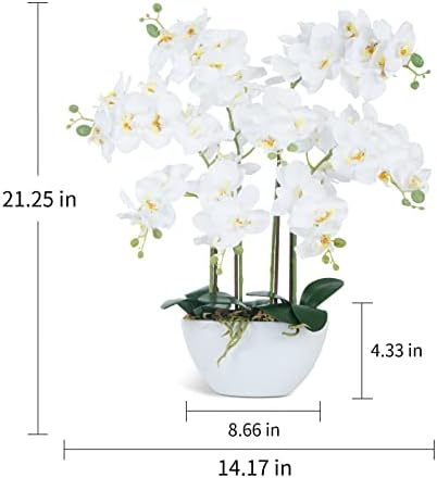 Ziwon Umjetni orhidejni cvjetovi i biljke učvršćeni u keramičkim loncem, bijeli lažni falaenopsis orhideji za središnji prostor za stola, realističan lažni cvjetni aranžman za kućni ured za uređenje unutarnjeg ureda
