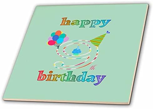 3drose sretan 9. rođendan, Cupcake sa svijećom, balonima, šeširom, šarenim-pločicama