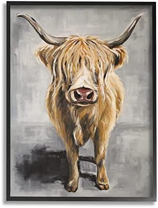 Stupell Industries Shaggy Longhorn goveda portret Rustikalna siva smeđa slika Crna uokvirena zidna Umjetnost,