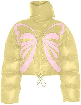 Ženske obrezive jakna od puffera Y2K Leptir Print Casual Quilted Kratki dolje Jaknski kaput Outerwear